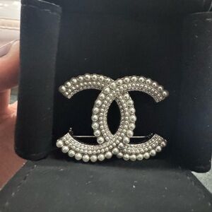 CHANEL Silver and White Pearl Brooch